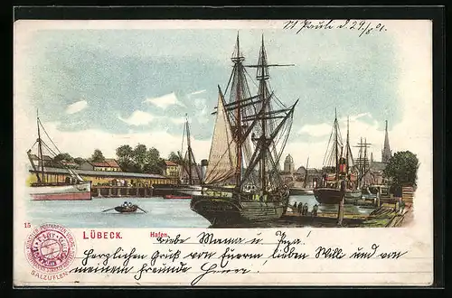 Lithographie Lübeck, Hafen mit Segelschiff