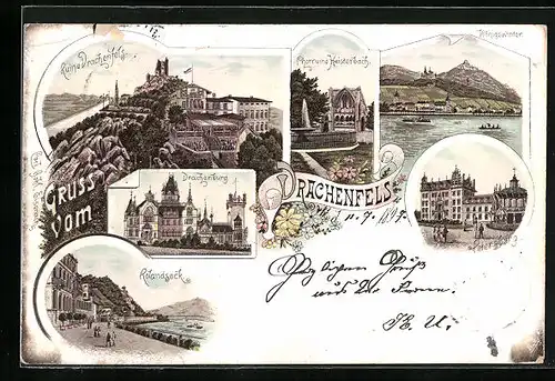Lithographie Königswinter, Ruine Drachenfels, Rolandseck, Drachenburg