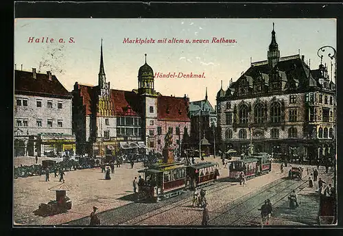 AK Halle a. S., Marktplatz mit Strassenbahn und Händel-Denkmal