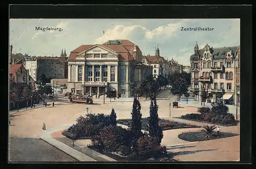AK Magdeburg, Zentraltheater mit Strassenbahn