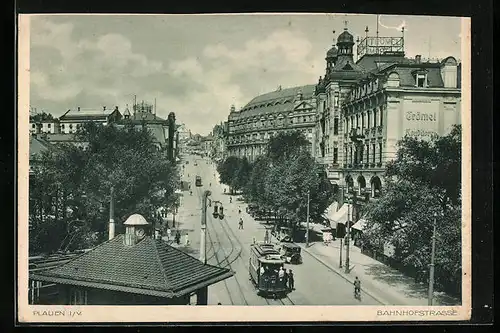 AK Plauen, Bahnhofstrasse mit Strassenbahn