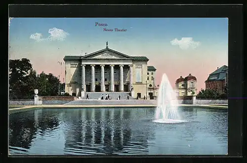 AK Posen / Poznan, Neues Theater mit Springbrunnen