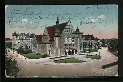 AK Posen / Poznan, Kgl. Akademie mit Strassenpartie