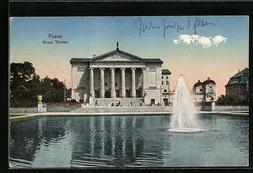 AK Posen / Poznan, Springbrunnen vor dem neuen Theater