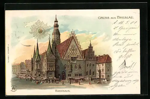 Lithographie Breslau, Rathaus mit strahlender Sonne