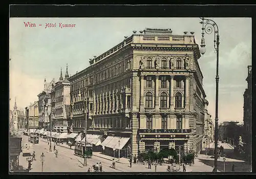 AK Wien, Hotel Kummer in der Mariahilferstrasse, Strassenbahn