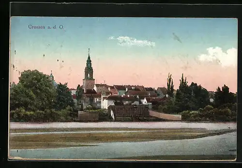 AK Crossen / Krosno Odrz, Panorama mit Kirche