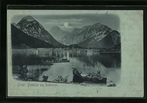 Mondschein-AK Pertisau am Achensee, Dampfer mit Gebirgspanorama
