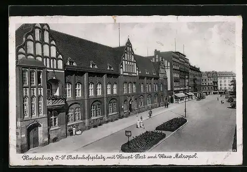 AK Hindenburg, Bahnhofplatz mit Haupt-Post und Haus Metropol