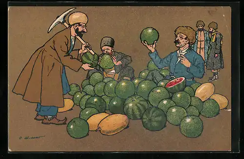 Künstler-AK Oskar Schmerling: Tiflis, Georgischer Bergarbeiter kauft Wassermelone
