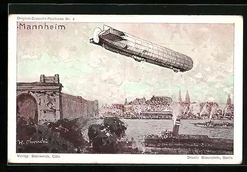 AK Mannheim, Zeppelin überm Rhein, Portrait Graf Zeppelin, gewidmet von Stollwerck