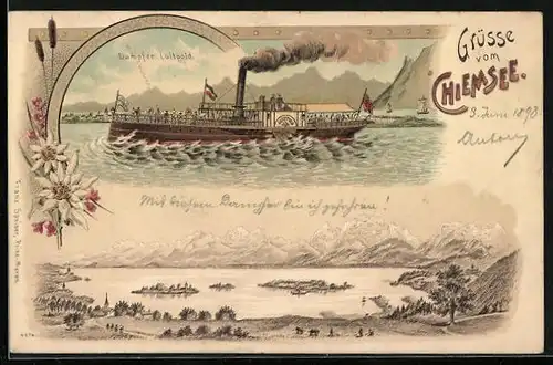 Lithographie Dampfer Luitpold auf Chiemsee, Panorama