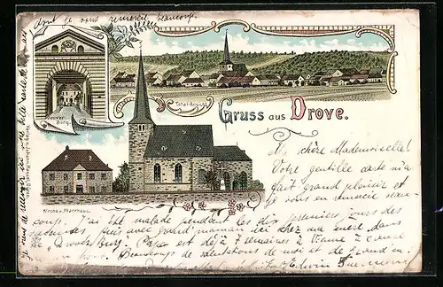 Lithographie Drove, Kirche und Pfarrhaus, Eingang zur Burg