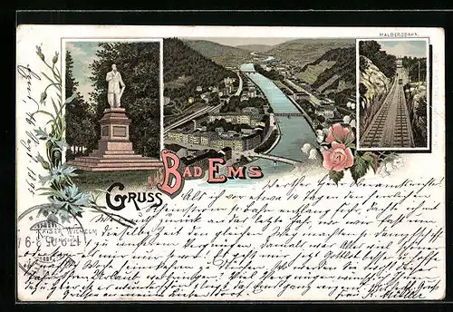 Vorläufer-Lithographie Bad Ems, 1895, Malbergbahn, Kaiser Wilhelm-Denkmal, Panorama
