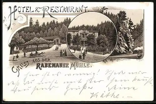 Vorläufer-Lithographie Rabenau, 1893, Hotel & Restaurant Rabenauer Mühle