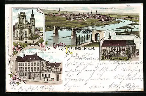 Lithographie Kitzingen am M., Eisenbahnbrücke, Protest. Kirche, Prot. Industrie- und Halshaltungsschule