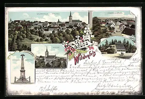 Lithographie Wildenfels, Gasthof Waldschenke, Friedrichstal, Schloss, Kirche