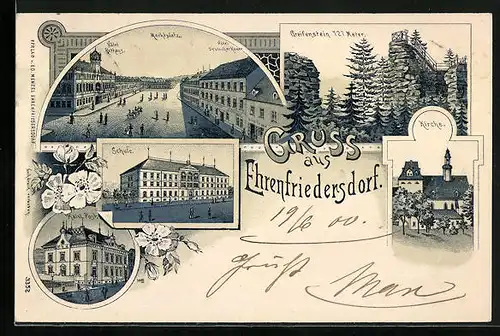 Lithographie Ehrenfriedersdorf, Hotel Deutscher Kaiser, Schule, Kirche Kaiserliche Post