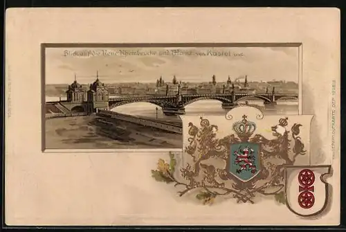 Passepartout-Lithographie Mainz, Neue Rheinbrücke vom Kastel aus, Wappen