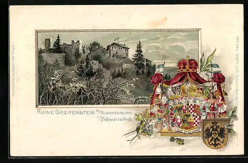 Passepartout-Lithographie Blankenburg, Ruine Greifenstein, Wappen