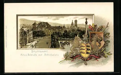 Passepartout-Lithographie Stuttgart, Altes Schloss mit Schlossplatz, Wappen
