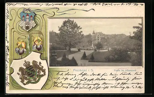 Passepartout-Lithographie Freiberg i. S., Partie im Albertpark, Wappen