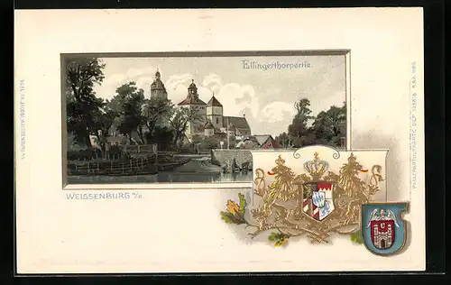 Passepartout-Lithographie Weissenburg / Bayern, Ellingerthorpartie, Wappen