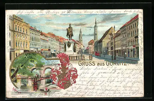 Passepartout-Lithographie Görlitz, Reiterdenkmal, Wappen