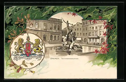 Passepartout-Lithographie Bremen, Teichmannsbrunnen, Wappen