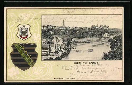 Passepartout-Lithographie Leisnig, Partie an der Freiberger Mulde, Wappen