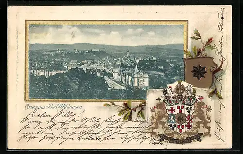 Passepartout-Lithographie Bad Wildungen, Totalansicht, Wappen
