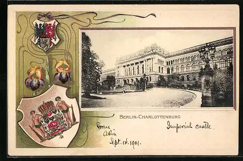 Passepartout-Lithographie Berlin-Charlottenburg, Rückseite des Schlosses, Wappen