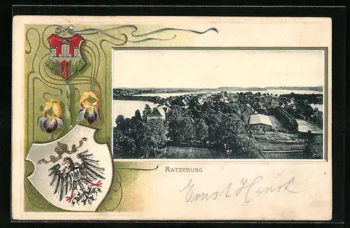 Passepartout-Lithographie Ratzeburg, Totalansicht, Wappen