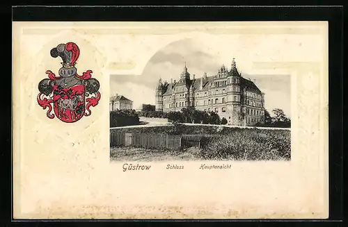 Passepartout-Lithographie Güstrow, Hauptansicht des Schlosses, Wappen