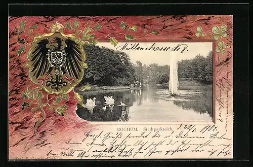 Passepartout-Lithographie Bochum, Partie vom Stadtparkteich, Wappen