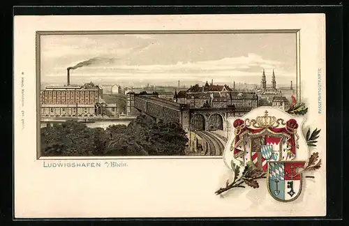 Passepartout-Lithographie Ludwigshafen am Rhein, Teilansicht mit Eisenbahnbrücke, Wappen