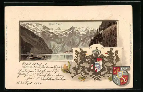 Passepartout-Lithographie Königsee, Ruderpartie, Schneebedeckte Gipfel, Wappen