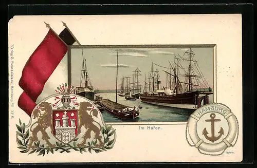 Passepartout-Lithographie Hamburg, Im Hafen, Wappen