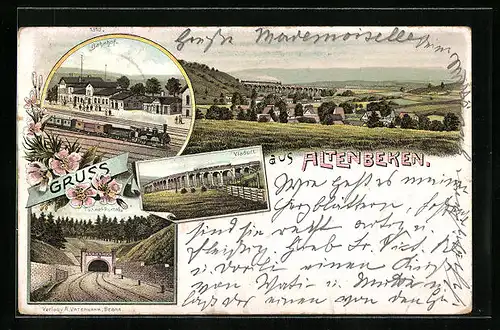 Lithographie Altenbeken, Totalansicht, Bahnhof, Viaduct, Tunnel-Portal