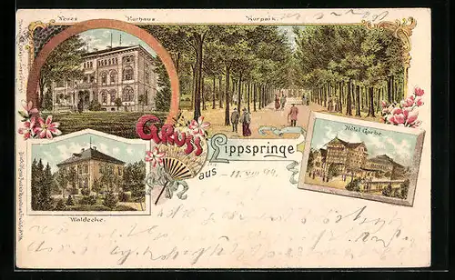 Lithographie Lippspringe, Hotel Garbe, Neues Kurhotel, Waldecke