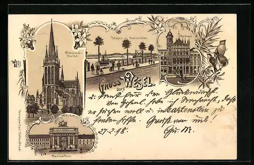 Lithographie Wesel, Hafen u. Rheinbrücke, Rathaus, Willibrordi-Kirche