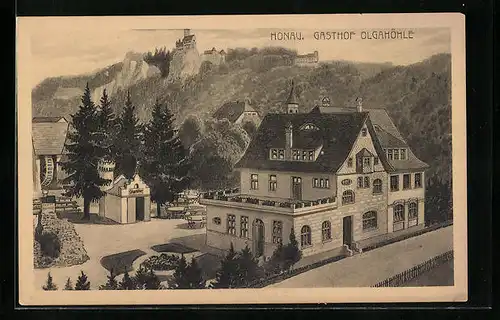 AK Honau, Gasthof Olgahöhle mit Schloss in der Ferne