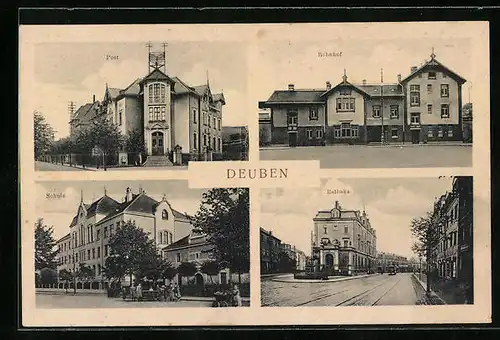 AK Deuben, Bahnhof, Rathaus, Post, Schule