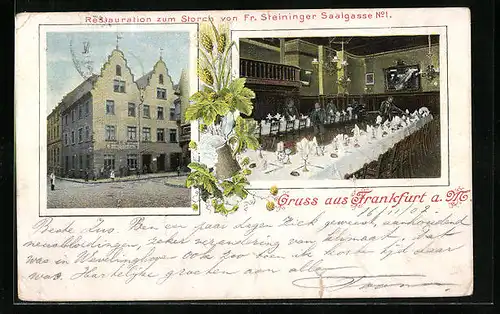 AK Frankfurt a. M., Restaurant zum Storch v. Fr. Steininger in der Strasse Saalgasse 1