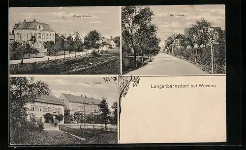 AK Langenbernsdorf b. Werdau, Obere u. untere Schule, Dorfstrasse