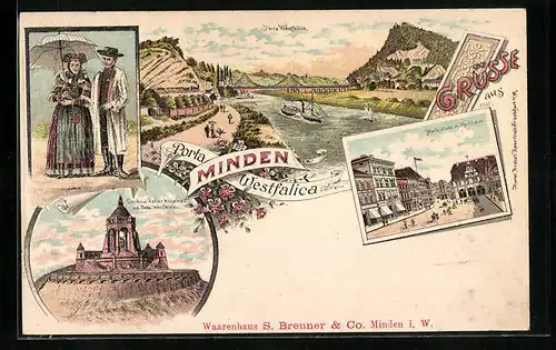Lithographie Minden, Porta Westfalica, Denkmal Kaiser Wilhelm I., Marktpaltz mit Rathaus