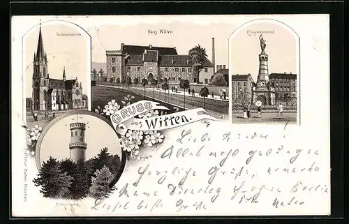 Lithographie Witten, Haus Witten, Helenenturm, Kriegerdenkmal