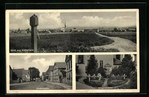 AK Kolitzheim /Ufr., Teilansicht mit Kirche, Strassenpartie mit Gebäudeansicht, Kriegerdenkmal