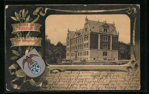 AK Bischofswerda, Neuer Bürgerschule mit Wappen, Passepartout