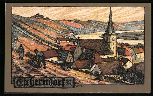 Steindruck-AK Escherndorf, Teilansicht mit Kirche und Bauern